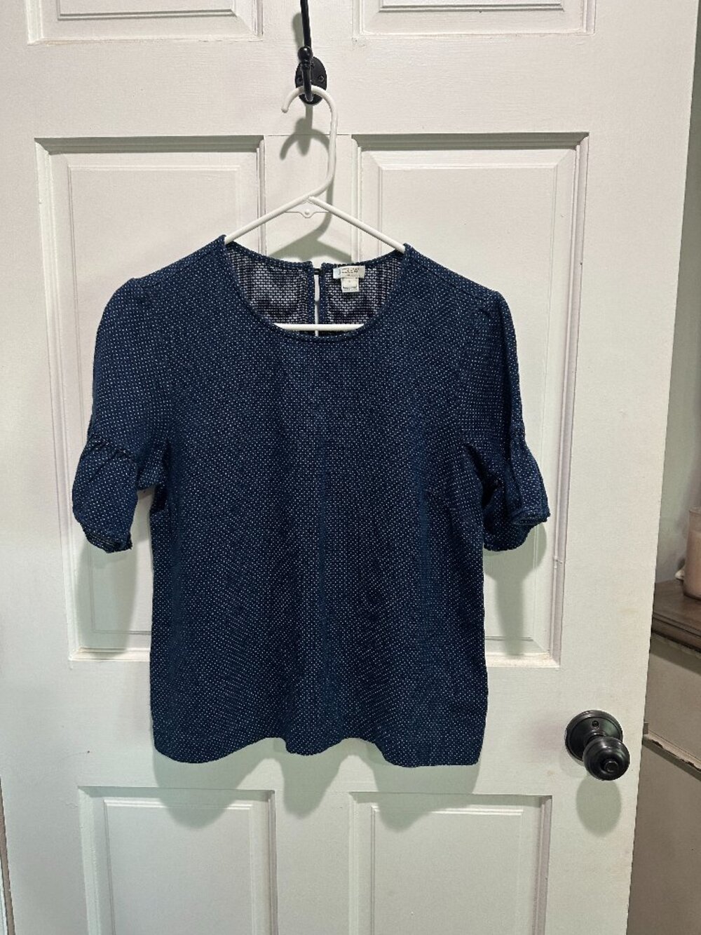 J.Crew Navy Blue Pindot Ruffle Sleeve Blouse Size S